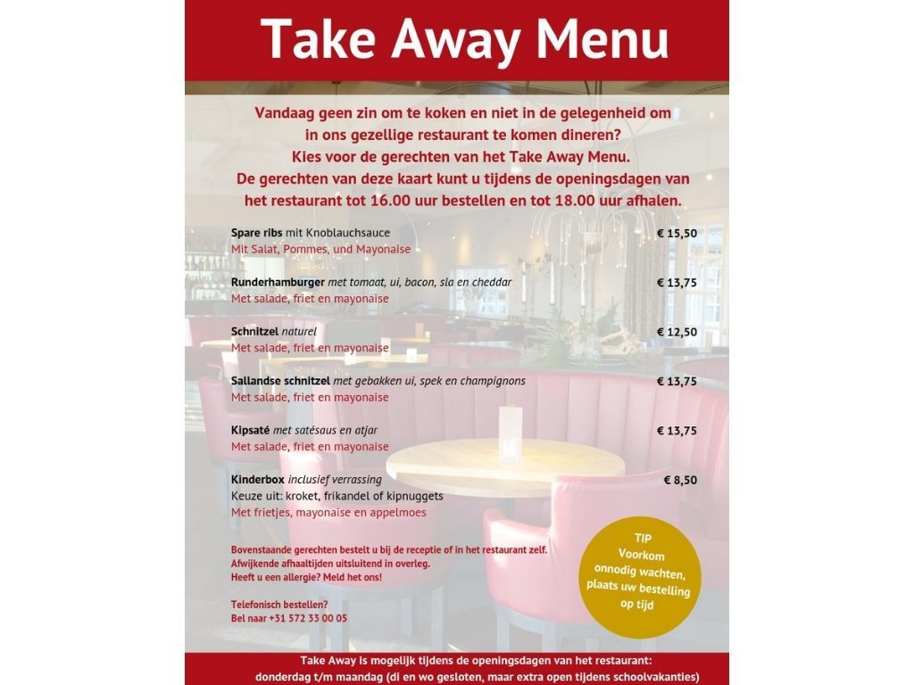 Take Away Menu van restaurant De Hazelaer